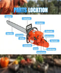 Diagram of Gas Powered Chainsaw With 28 Inch Bar And 71CC Two Stroke Beast Power Delivers Up To 2KW At 10000 RPM parts location.