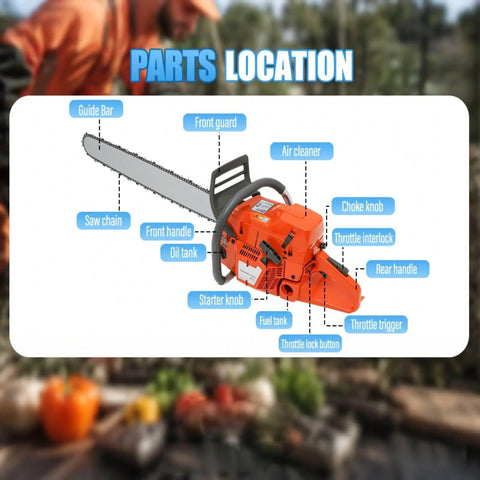 Diagram of Gas Powered Chainsaw With 28 Inch Bar And 71CC Two Stroke Beast Power Delivers Up To 2KW At 10000 RPM parts location.