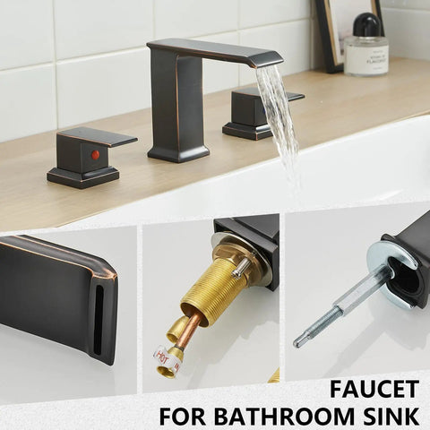 Oil Rubbed Bronze Widespread Bathroom Faucet With 8 Inch 3-Hole Mount 2-Handle Waterfall Vanity Lavatory Tap Modern Sink Fixture With Pop Up Drain And Overflow For RV Or Home shown with water flowing and installation parts