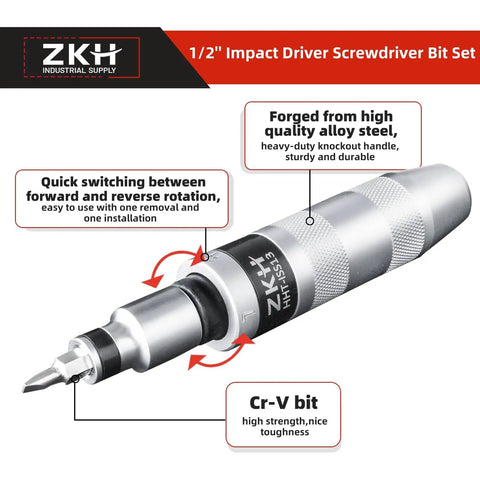 Half Inch CR-V Hand Impact Screwdriver With Reversible Manual Drive shown with alloy steel body and Cr-V bit