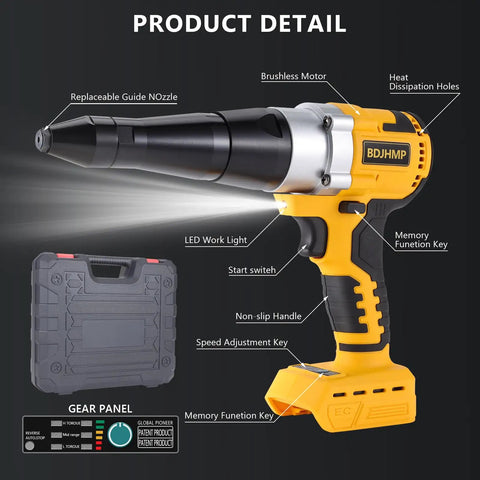 Cordless Rivet Gun Tool 20V Max Battery Compatible Brushless Automatic Rivet Gun with case, tool details highlighted