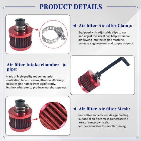 Red Air Filter Upgrade For 301cc 420cc Mini Bike Go Kart Engines product details display with clamp, mesh, and pipe