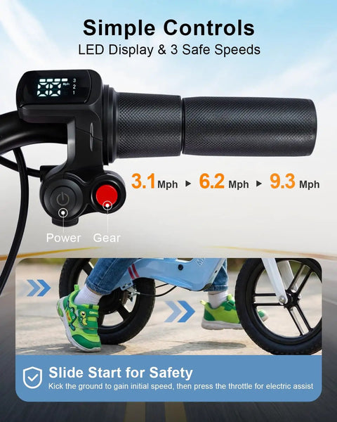 Electric Balance Bike For Kids With 14 Inch Tires Pink Ages 3 To 7 Kid Friendly Three Speed Modes Up To Nine MPH Lightweight 16.5 Lbs Frame Nine Mile Range Light Up Front Tire Adjustable Seat Safe Magnesium Alloy Build handlebar LED display and 3-speed control