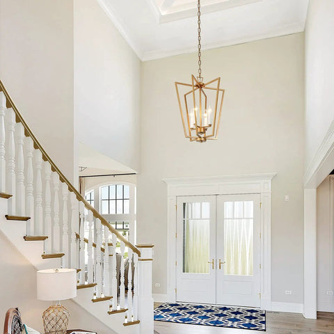 Gold Chandelier With Rotatable Geometric Frames, 4 Light Modern Lantern Pendant For Your Kitchen Island, Dining Room, Foyer And Entryway
