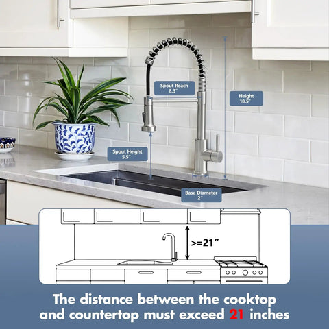 Pull Down Kitchen Faucet With Sprayer Single Hole Stainless Steel Sink Tap Built For Farmhouses RVs Laundry Rooms Outdoor Living And Campers Brushed Nickel Finish shown with measurements