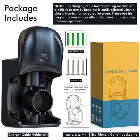 Packaging contents showing Swivel EV Charger Wall Mount For Tight Spaces Ditch The Cable Mess Keeps 25Ft J1772 Cord Off The Floor Does Not Protrude Trip Hazard Free Garage Organizer Hanger That Keeps Cables Out Of The Way with hardware and manual.