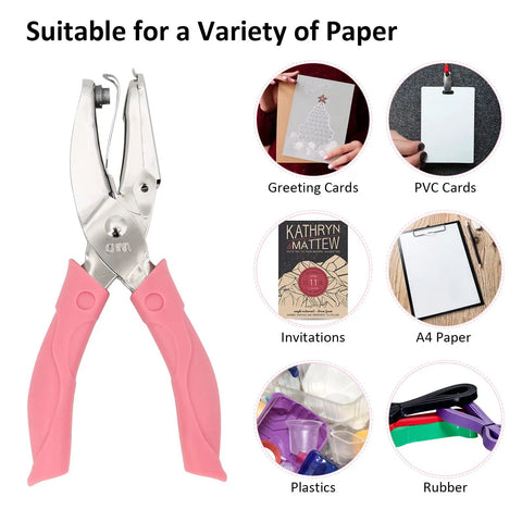 3 Piece Metal Handheld Paper Punch Set With Circle Star Heart Shapes shown with pink non-slip grip, suitable for various papers.