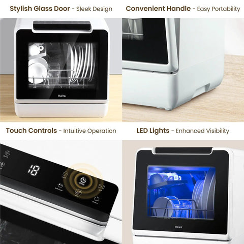 No Plumbing Headache Game Changer Countertop Dishwasher With Eight Knockout Clean Cycles, sleek glass door and intuitive touch controls.
