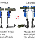 Comparison of previous and advanced two pack adjustable tree climbing gear with harness belt, non slip pedals, and 304 stainless steel spikes.
