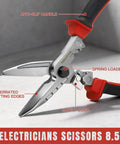 Electrician Utility Scissors 4 In 1 Tool With Tin Snips Cable Cutter Crimping Tool And Hex Wrench Pro Grade Quality For Cutting Sheet Metal Hardware Cloth Carpet Cardboard Terminals, 8.5-inch serrated blades, safety lock