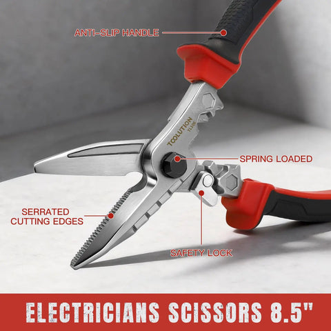 Electrician Utility Scissors 4 In 1 Tool With Tin Snips Cable Cutter Crimping Tool And Hex Wrench Pro Grade Quality For Cutting Sheet Metal Hardware Cloth Carpet Cardboard Terminals, 8.5-inch serrated blades, safety lock