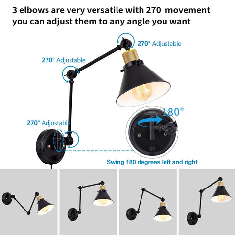 Slick Plug In Wall Sconce With Hella Smooth Dimmer Control And Flexible Swing Arm Featuring E26 Socket Ul Certified 6 Foot Cord Plus Zero Hassle Ambient Setting For Bedroom Or Living Space showing adjustable 270-degree arms.