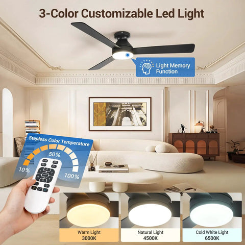 52 Inch Ceiling Fan With Remote Control And Light No Fuss Dimmable Three Color Temperatures Six Speed Settings Timer Reversible