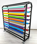 Heavy Duty Commercial Roll Storage Rack With Wheels Holds Vinyl Leather Wallpaper And Window Film displaying vibrant rolls of materials.