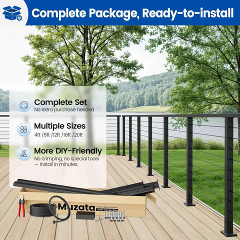 Upgraded 4-8 Ft Black Pre-Crimped Cable Railing Kit With 36 Inch System For Decks And Porches Includes Post And Handrail Easy DIY Install Swagless Design User Guide Complete Set RC01 displayed on deck with tools and components