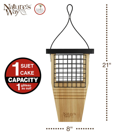 Front view of Tail Prop Suet Bird Feeder With Rust Free Mesh And Hanging Cable Built For Large Woodpeckers.