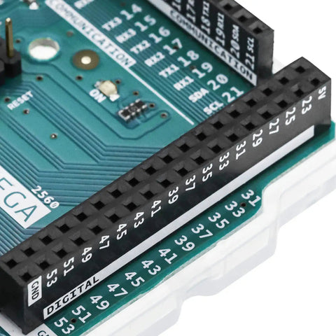 Close-up of Mega 2560 Rev 3 Microcontroller Board with ATmega2560 showing digital I/O pins and part of the circuit board.