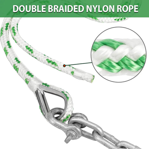 Close-up of 75-foot double braided nylon rope with stainless steel thimble from Fluke Anchor Kit With Chain And Rope For Boats Pontoon Deck Fishing And Sail 8 Lb Set Includes 75 Foot Nylon Rope With Marine Grade Stainless Steel Thimble 6.5 Feet Of 1/4 Inch Galvanized Chain And Two 5/16 Inch Shackles