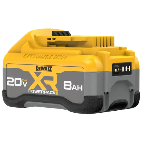 20V Max XR Powerpack 8.0Ah Battery For Power Tools, yellow and black design with LED charge indicator, rugged construction