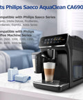 AquaClean water filter pack for Philips Saeco espresso machines; four blue cartridges beside a black coffee machine