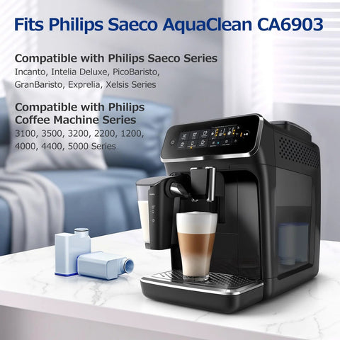 AquaClean water filter pack for Philips Saeco espresso machines; four blue cartridges beside a black coffee machine