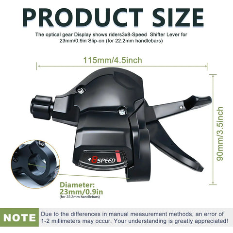 Dope 8 Speed Bike Shifter Lever Set For 3x8 Drivetrain, product size details with visual gear window and dimensions