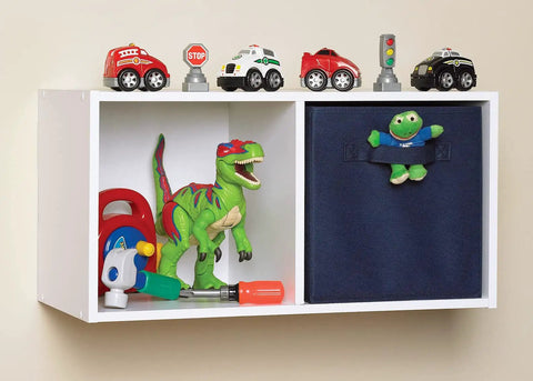Cubeicals 2 Cube Storage Shelf Organizer for Books, Clothes and Decor, Space Saver, Stackable or Wall Mount, Easy Assembly, White Wood Finish with toys displayed.