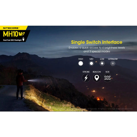 Man using MH10 V2 Rechargeable Flashlight with 1200 Lumen Output, USB C Fast Charging at night, showcasing beam range and modes.