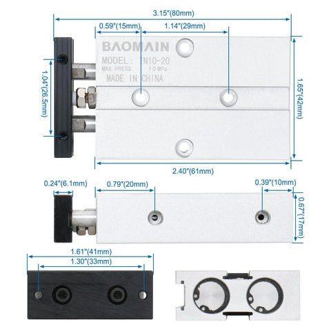 10mm Bore 20mm Stroke Double Rod Pneumatic Air Cylinder Workhorse Double Acting Aluminum Body with Standard M5 Ports