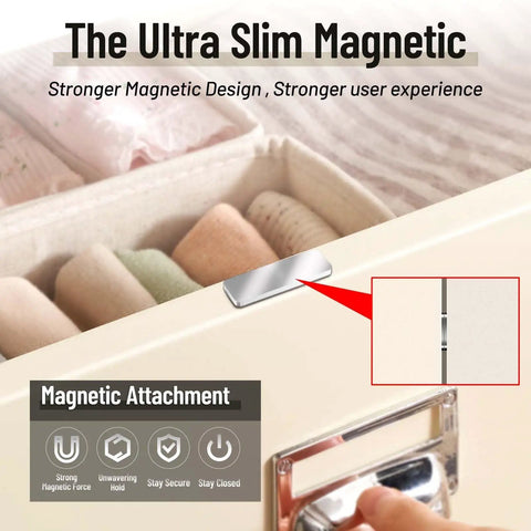 Eight Pack Ultra Thin Magnetic Cabinet Door Catches With Strong Hold, Adhesive Mount, stainless steel latch installed