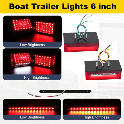 6 Inch Boat Trailer Lights Kit Submersible LED Rectangle Stop Turn Tail Lights with Marker Lights License Plate Light and Wiring Harness Waterproof Brake Light Bar Easy Install Dope Bright LED, showing various brightness levels.