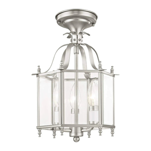 Three Light Brushed Nickel Hanging Lantern Or Flush Mount Chandelier With Clear Beveled Glass Traditional Steel Fixture