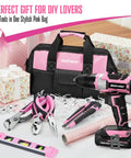 Pink 20V Cordless Drill Kit With 236 Piece Home Tool Set And Pink Carry Bag For Women Handy DIY Electric Screwdriver For Quick Home Repairs Furniture Assembly And Gift Ready displayed with pink carry bag and tools.
