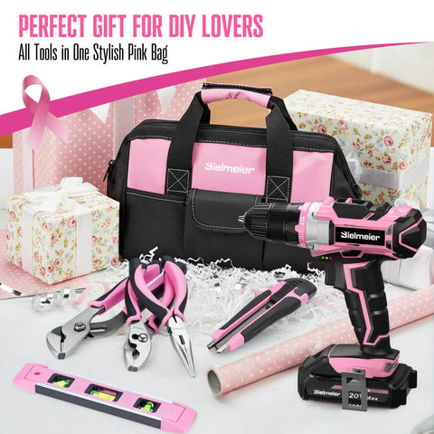 Pink 20V Cordless Drill Kit With 236 Piece Home Tool Set And Pink Carry Bag For Women Handy DIY Electric Screwdriver For Quick Home Repairs Furniture Assembly And Gift Ready displayed with pink carry bag and tools.
