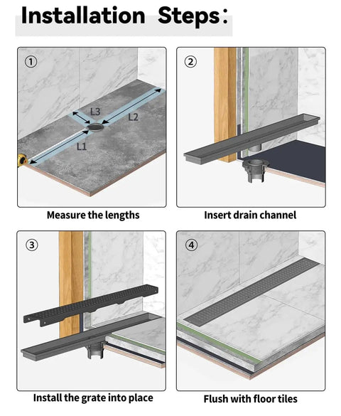Installation steps for Linear Shower Drain 12 Inch With Brushed Nickel Finish 304 Stainless Steel Floor Drain Removable Grate
