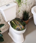 Round Tiger portrait Toilet Seat on a white toilet, showcasing tiger design, surrounded by greenery in a bathroom.