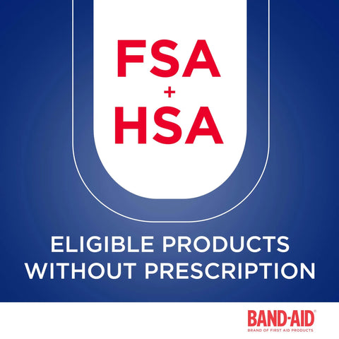 Go To Adhesive Bandages Variety Pack For Minor Cuts Scrapes And Burns FSA HSA eligibility text on blue background