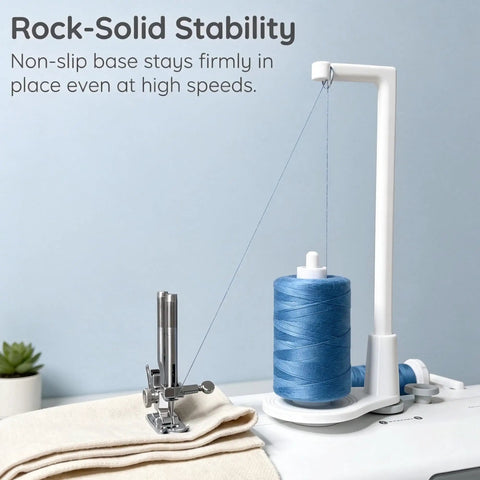 Heavy Duty Thread Spool Stand For Sewing Machines Featuring A Sick Anti Tangle Guide And Jumbo Cone Holder Totally No Sweat Bracket For Quilting Embroidery Setup Straight Up Smooth Operation In White with blue thread.