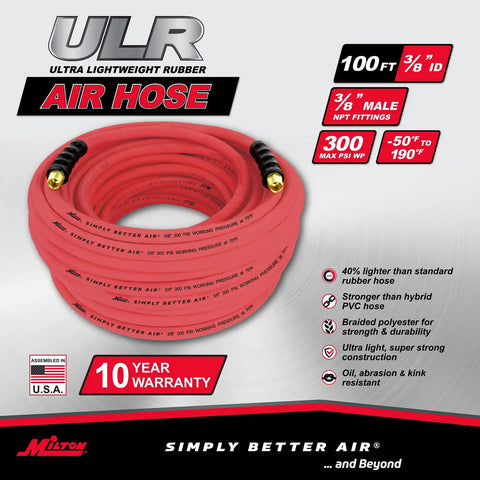 Ultra Lightweight Rubber Air Hose 3 Eighth Inch By 100 Feet With 3 Eighth Inch NPT Ends Kink Resistant Ozone Resistant Heavy Duty Flex