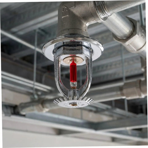 10 Pack Solid Copper Fire Sprinkler Heads 155F Upright Spray Half Inch Npt Thread mounted on ceiling with visible red glass.
