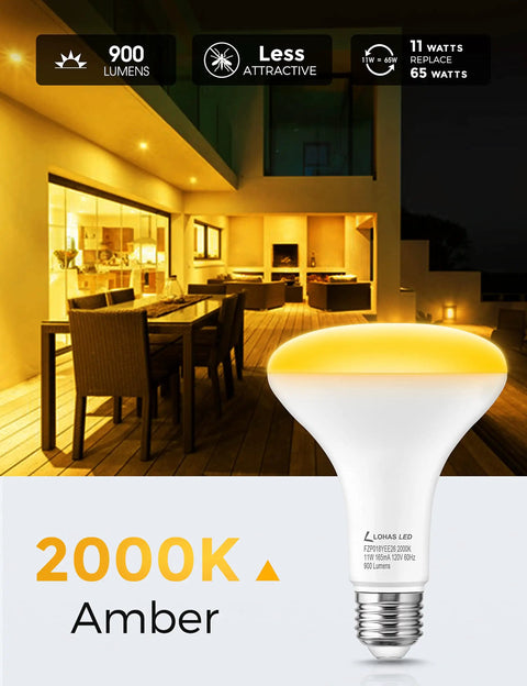 Amber Outdoor Bug Light Bulbs 11W Actual, 65W Equivalent BR30 Bug Flood Lights For Outside illuminating patio