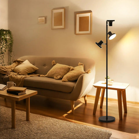 36W LED Tree Floor Lamp With Remote And Touch Control Dimmable Standing Lamp in cozy living room with three rotatable heads