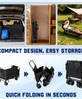 Heavy Duty Folding Wagon 2-In-1 Collapsible Cart for All Terrain, folding process, camping chair mode, storage view