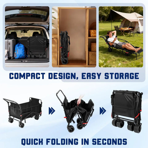 Heavy Duty Folding Wagon 2-In-1 Collapsible Cart for All Terrain, folding process, camping chair mode, storage view
