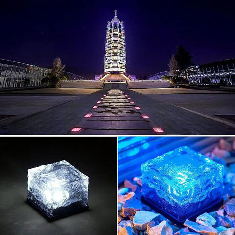 Ice Cube Solar Glass Brick Path Lights 4 Pack For Garden And Yard, frosted LED lights illuminating walkway at night