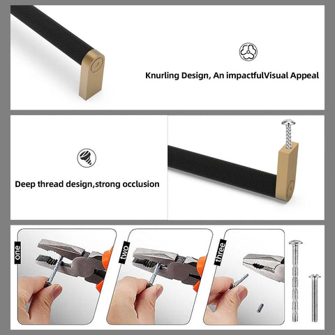 Top Shelf 10 Pack Slick Knurled Cabinet Pulls In Matte Black And Champagne Bronze With 5 Inch Hole Centers For Kitchen Cabinets And Drawers Heavy Duty Zinc Alloy Handles showing knurled design and installation process.