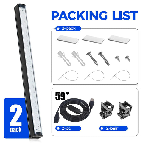 Blacklight Strip Lights 10W 1ft USB Black Light Bar Adjustable with mounting accessories and USB cable, 2 pack shown.