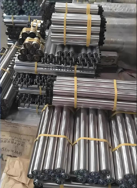 Heavy Duty Stainless Steel Conveyor Rollers 2 Inch Diameter Set Of 5 for Belt Conveyors and Gravity Rails, stacked on a pallet