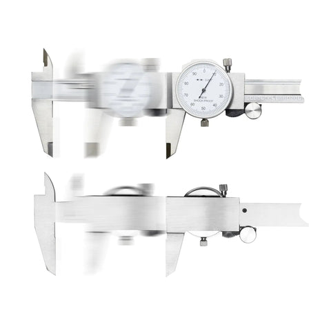 0-6 Inch Four Way Dial Caliper with Shock Proof Imperial Carbon Steel Housing, shown with measurement dial and sliding scale