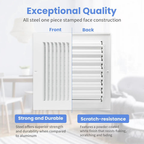 Durable 8 By 8 Inch Duct Opening Air Vent Cover For Wall Or Ceiling Built Tough High Airflow Two Way Steel Ventilation Adjustable Wall And Ceiling Register With White Powder Coat Finish Overall 9.75 By 9.75 Inches alternating front and back view showing steel construction and white finish.
